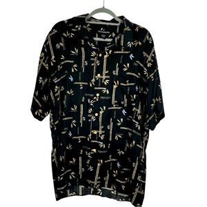 Statements Button Up Shirt Short Sleeve Black Bamboo Pattern Mens Size Large